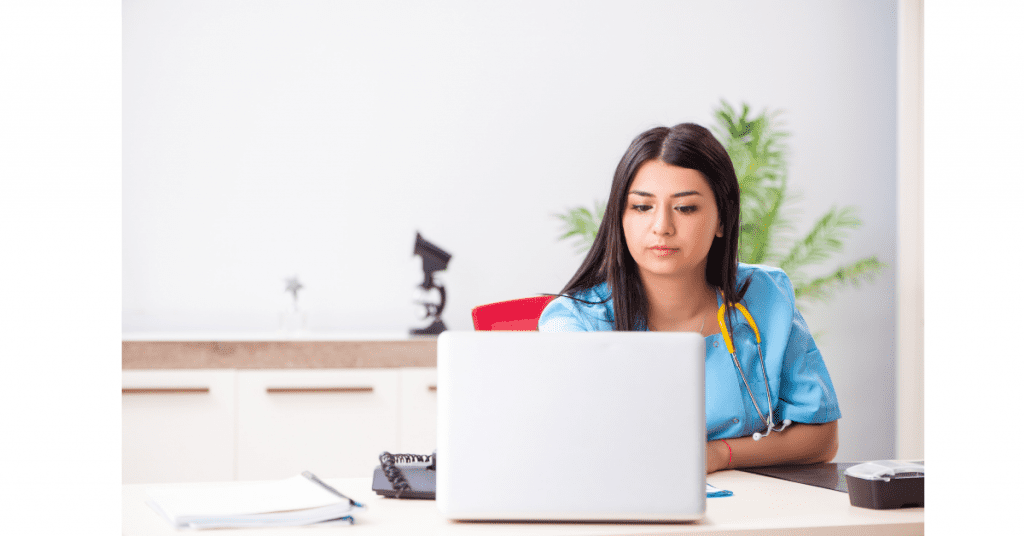 medicare physician fee lady with laptop